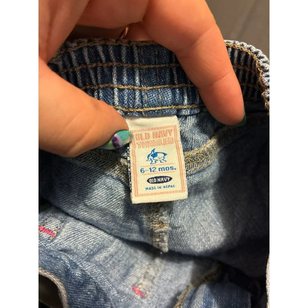 Vintage Old Navy Toddler Denim Shorts Embroidered Floral Pockets 6-12 Months